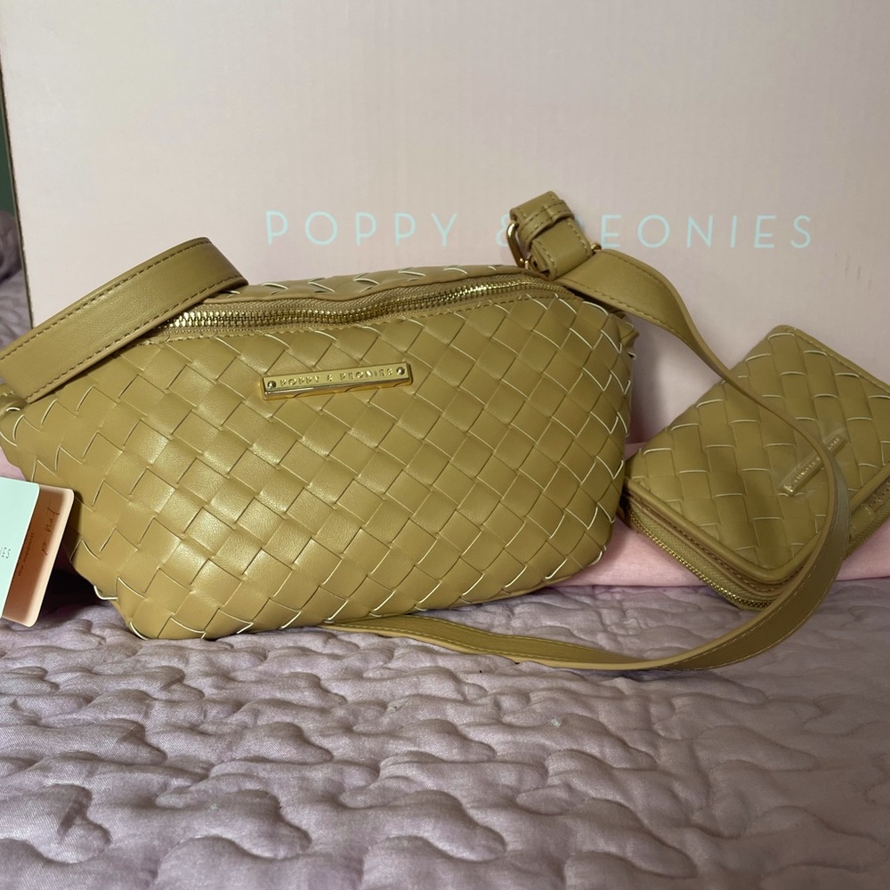 Poppy & Peonies Camel Woven Crossbody Bag